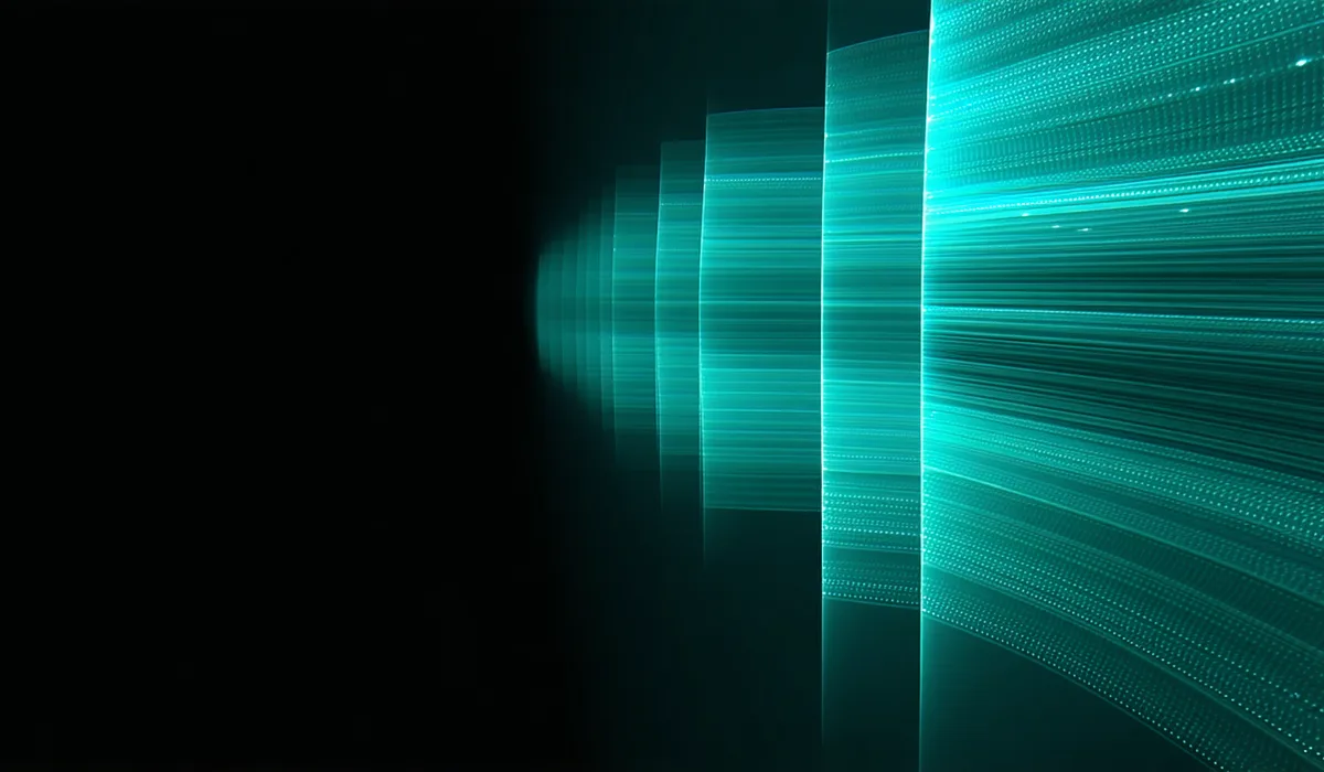 Abstract concept of medical imaging data being analyzed, layered scan visualization with teal highlights